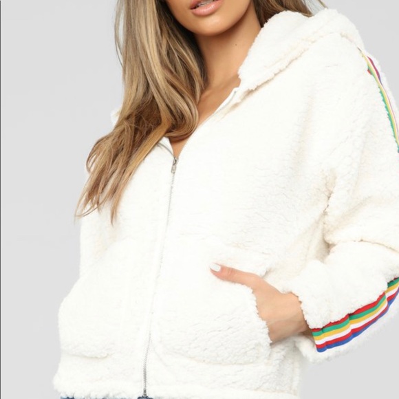 white jacket with rainbow stripes
